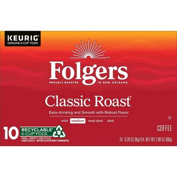 Folgers Classic Roast Medium Roast Single Serve Coffee K Cups, 10 ct