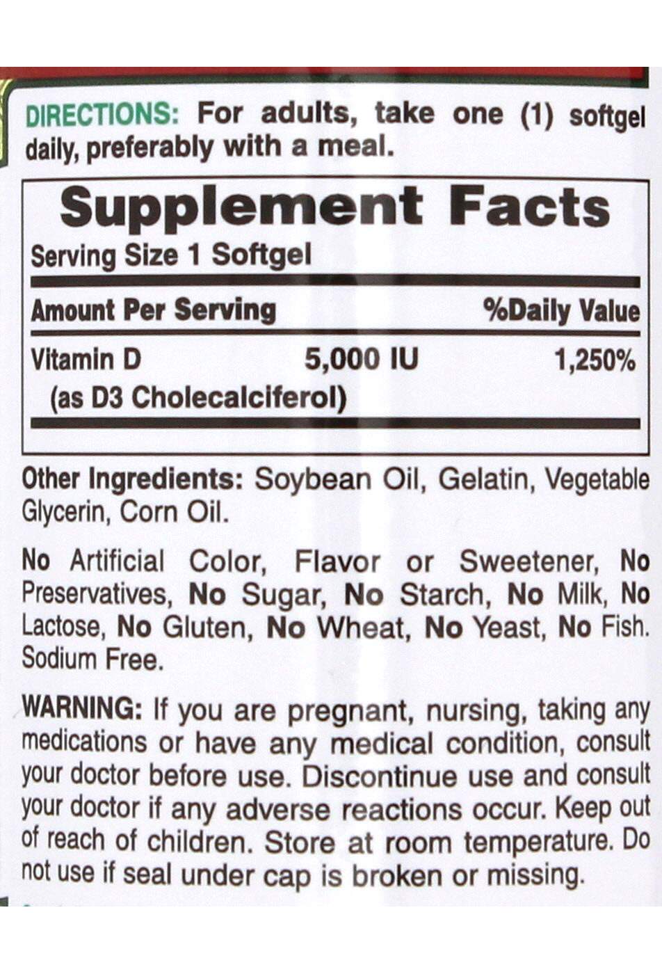 Nature's Bounty Vitamin D3 125 mcg (5000 IU) Softgels; image 2 of 2
