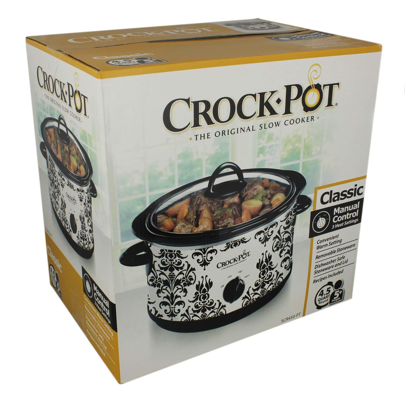 Crock Pot 4.5 Quart Manual Slow Cooker, Damask Pattern, White 