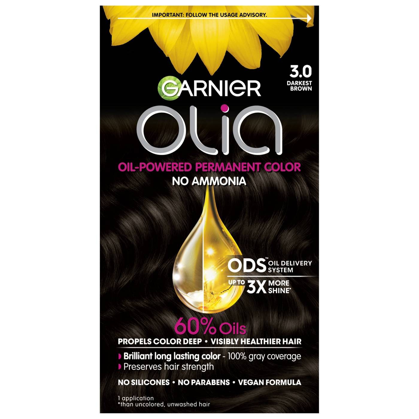 Garnier Olia Oil Powered Ammonia Free Permanent Hair Color 3.0 Darkest Brown; image 1 of 12