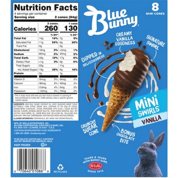 Blue Bunny Mini Swirls Vanilla Ice Cream Cones, 8 ct