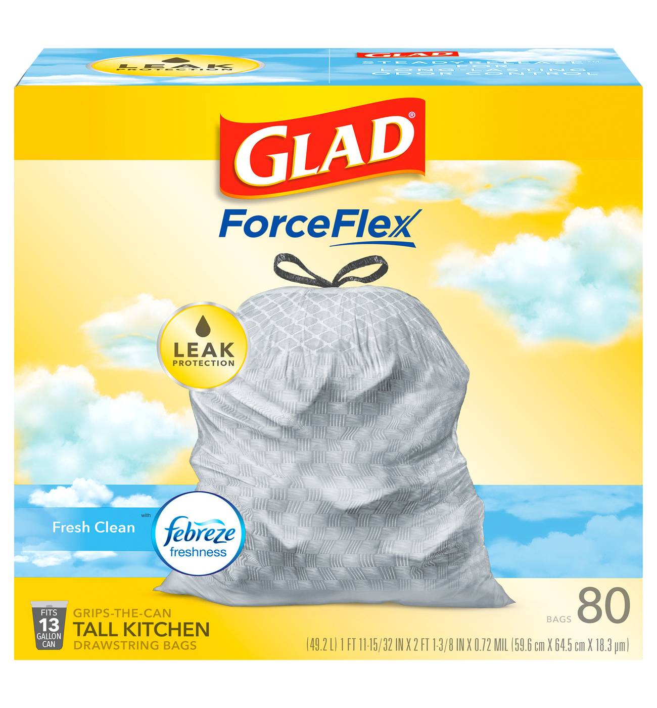 Glad ForceFlex Tall Kitchen Drawstring Trash Bags, 13 Gallon - Fresh Clean Scent with Febreeze Freshness; image 1 of 2