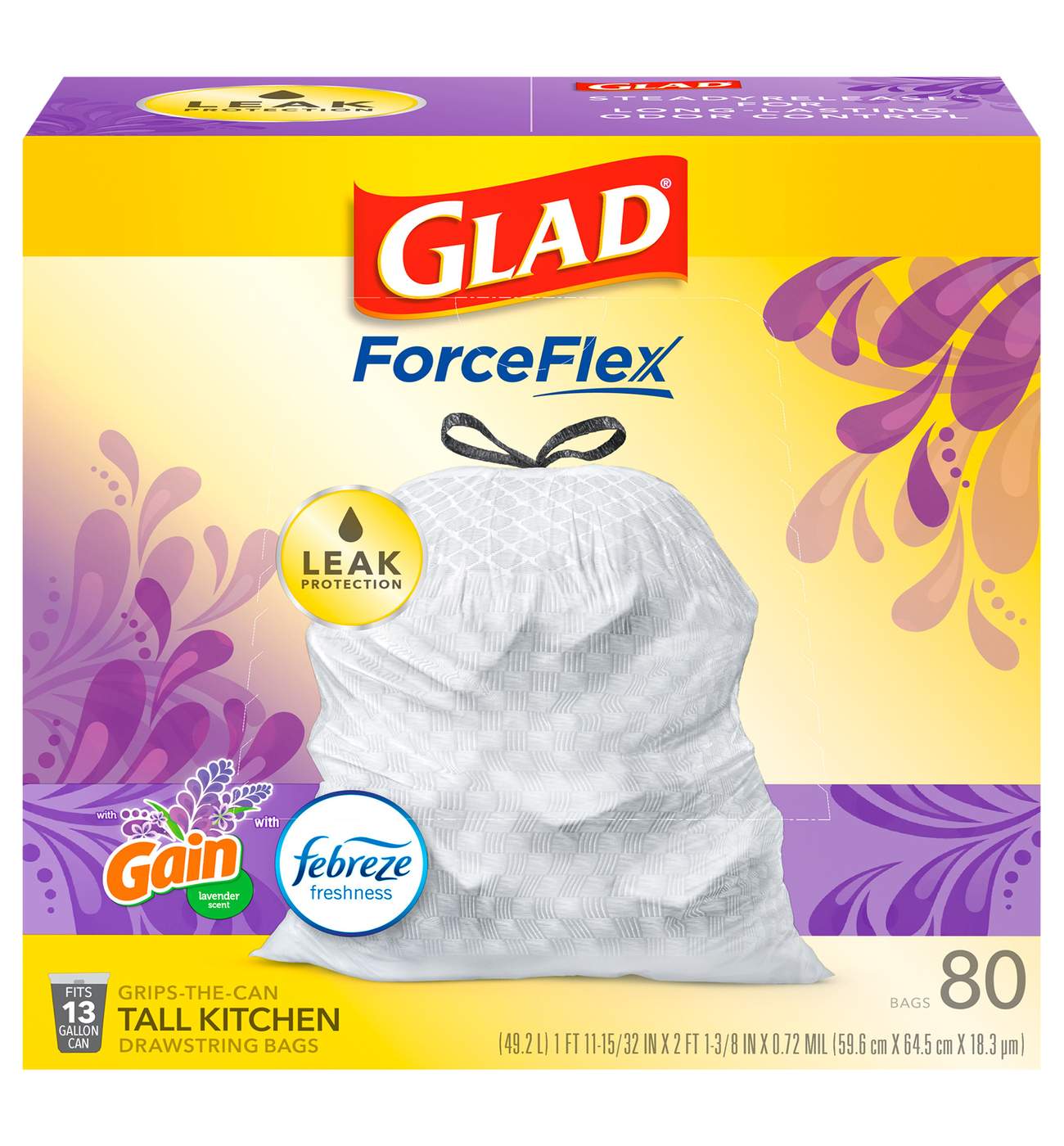 Glad ForceFlex Tall Kitchen Drawstring Trash Bags, 13 Gallon - Gain Lavender Scent with Febreze Freshness; image 1 of 2