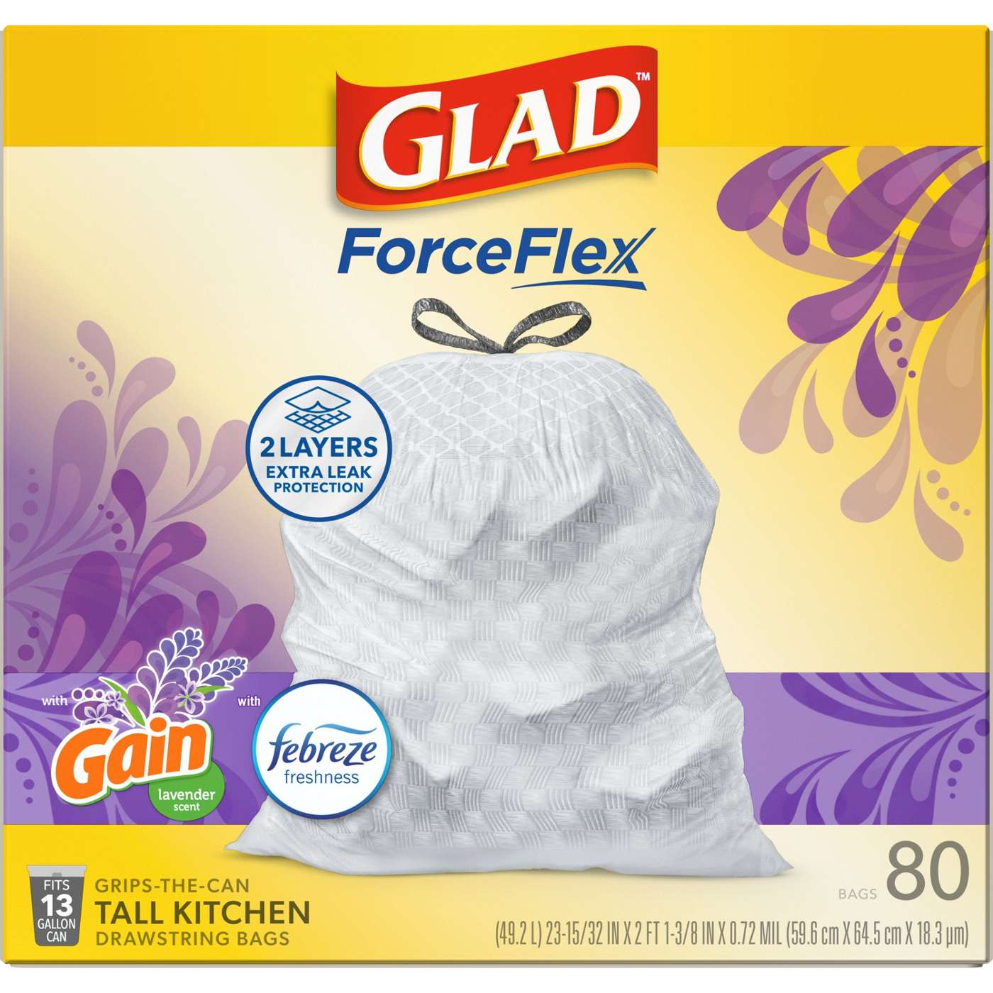 Glad ForceFlex Tall Kitchen Drawstring Trash Bags, 13 Gallon - Gain Lavender Scent with Febreze Freshness; image 7 of 14