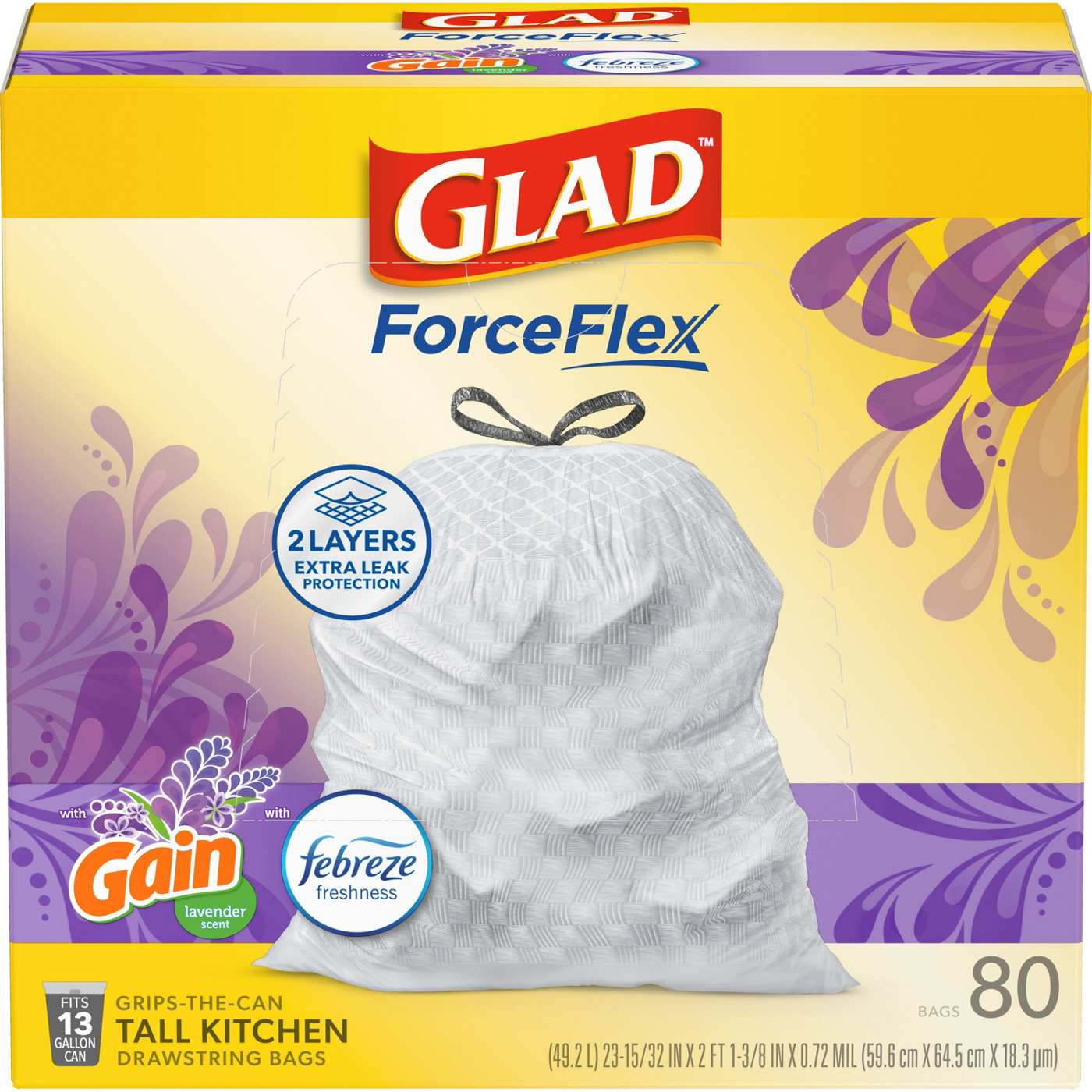 Glad ForceFlex Tall Kitchen Drawstring Trash Bags, 13 Gallon - Gain Lavender Scent with Febreze Freshness; image 9 of 14