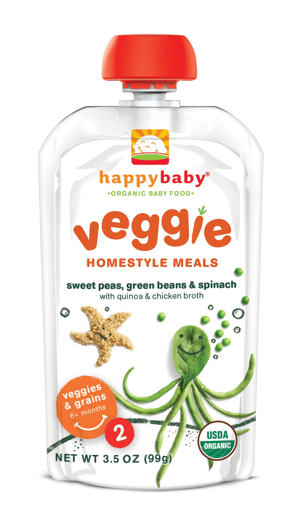 Happy Baby Organics Stage 2 Veggie Homestyle Meals Sweet Peas, Green