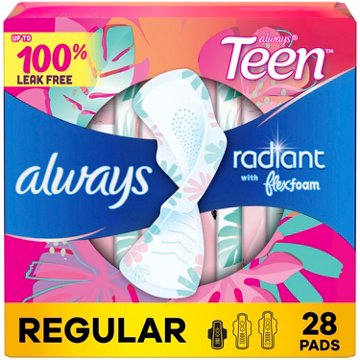 Always Teen Radiant FlexFoam Size 1 Regular Pads, 28 ct