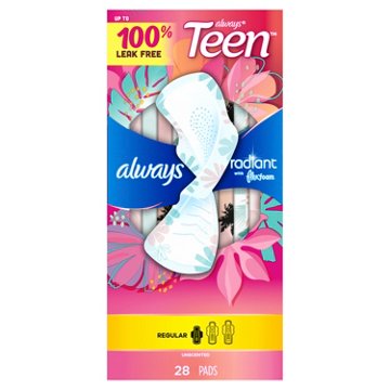 Always Teen Radiant FlexFoam Size 1 Regular Pads, 28 ct