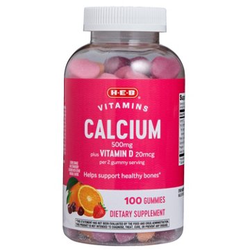 H-E-B Vitamins 500 mg Calcium plus 20 mcg D Gummies - Assorted Fruit, 100 ct