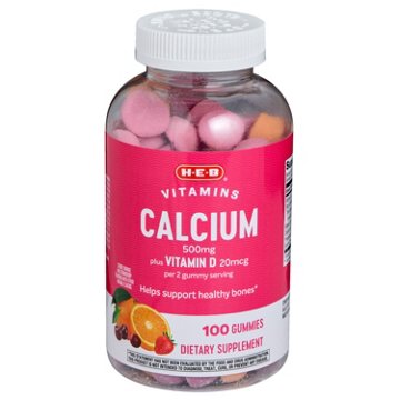 H-E-B Vitamins 500 mg Calcium plus 20 mcg D Gummies - Assorted Fruit, 100 ct