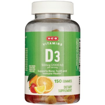 H-E-B Vitamins D3 50 mcg (2,000 IU) Gummies - Assorted Fruit, 150 ct