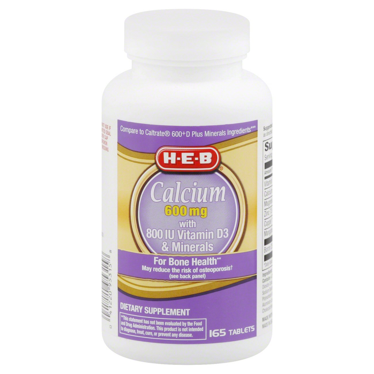 H E B Calcium With Vitamin D3 Dietary Supplement Tablets 600 Mg Shop Minerals At H E B 2439