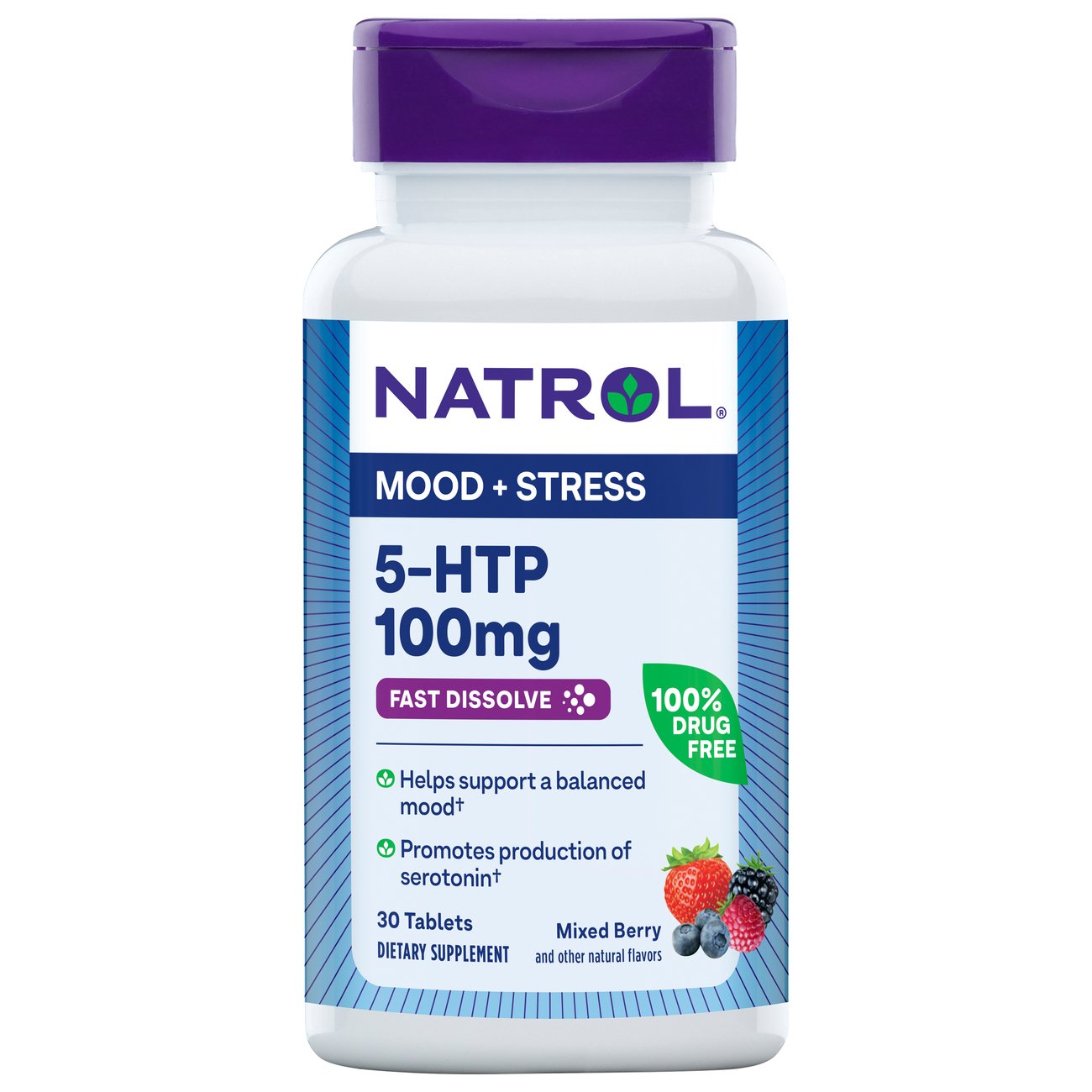 NATROL 5-HTP 100 Mg Fast Dissolve Wild Berry Tablets, 30 ct