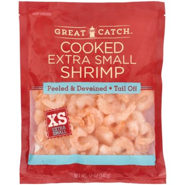 Great Catch Frozen Peeled Deveined Tail-Off Extra Small Cooked Shrimp, 100 - 150 ct/lb, 12 oz