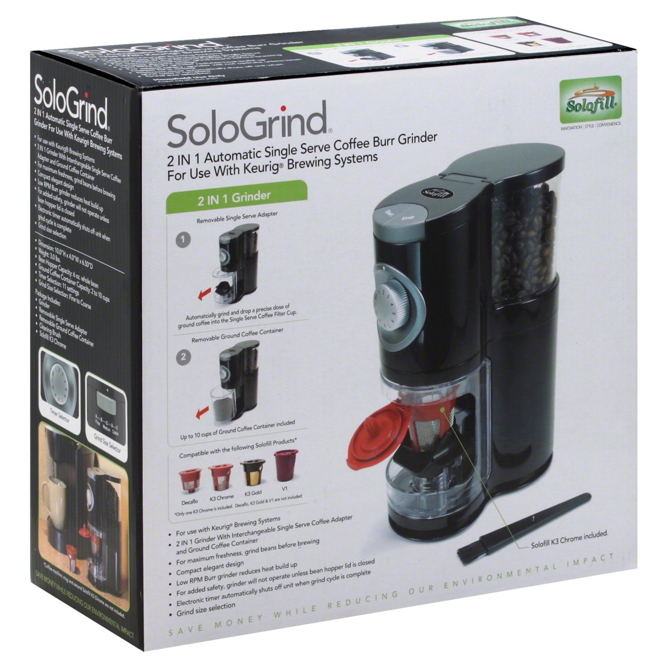 Solofill SoloGrind 2in1 Automatic Single Serve Coffee Burr Grinder