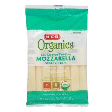 H-E-B Organics Low Moisture Part-Skim Mozzarella String Cheese, 8 ct, 8 oz