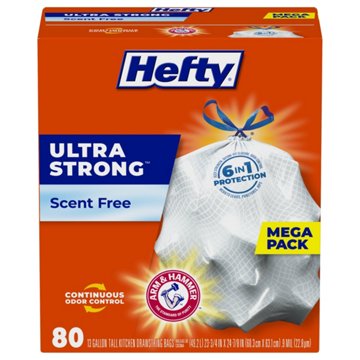 Hefty Ultra Strong Tall Kitchen Drawstring Trash Bags, 13 Gallon - Scent Free, 80 ct
