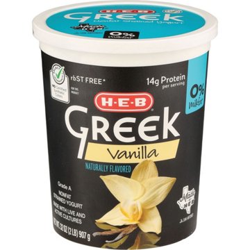 H-E-B 14g Protein Nonfat Greek Yogurt - Vanilla, 32 oz