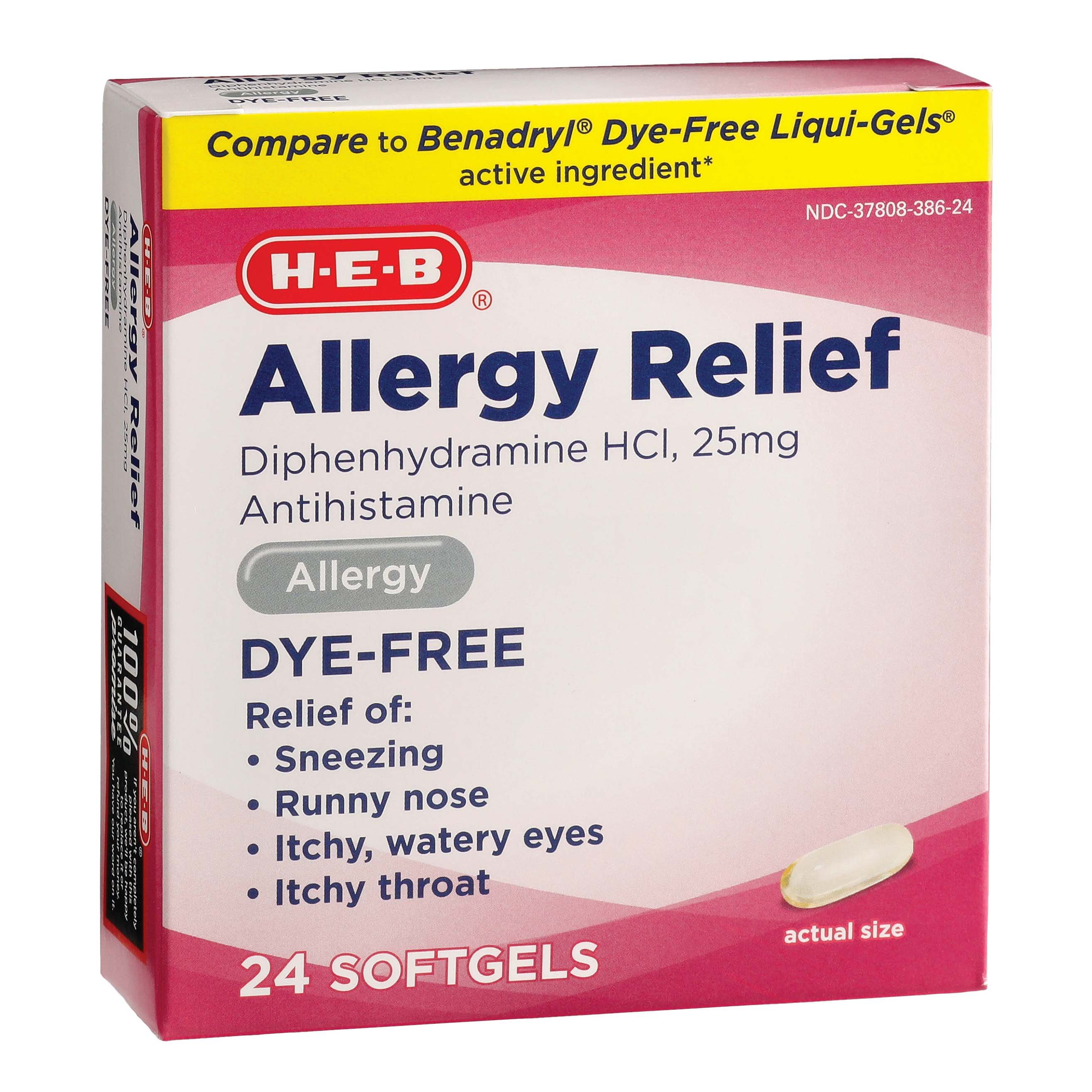 HEB Allergy Relief Diphenhydramine 25 mg Antihistamine DyeFree