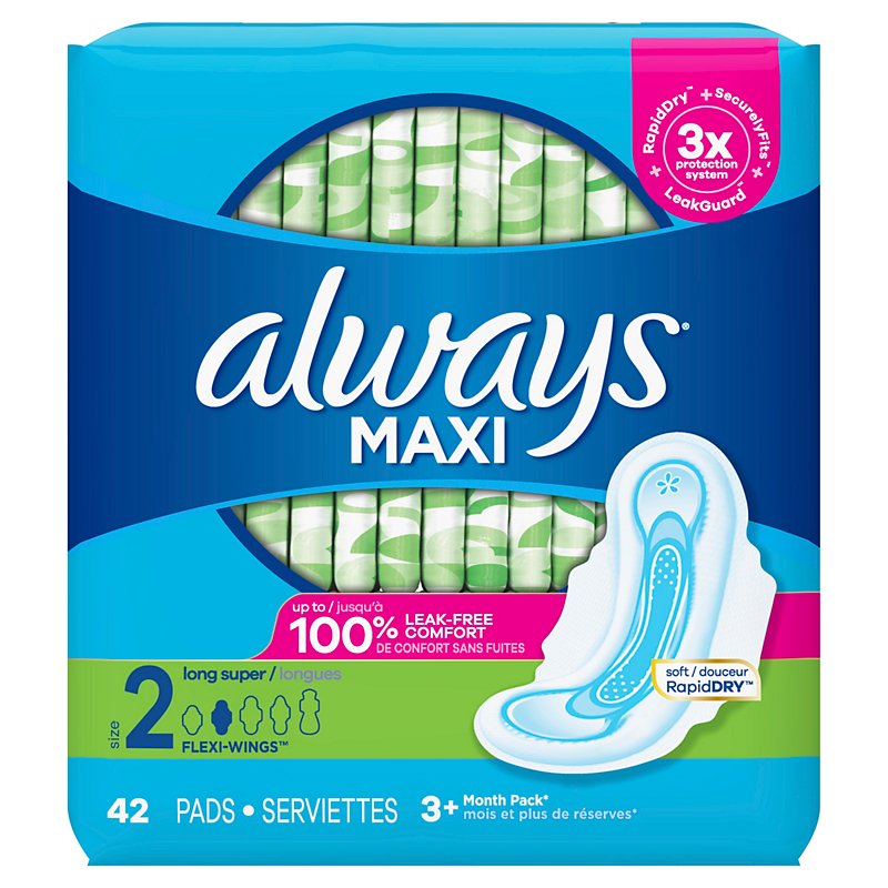Always Maxi Pads Size 2 Long Super Absorbency Unscented with Wings ...