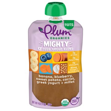 Plum Organics Mighty 4 Pouch - Banana, Blueberry, Sweet Potato, Carrot, Greek Yogurt +Millet, 4 oz