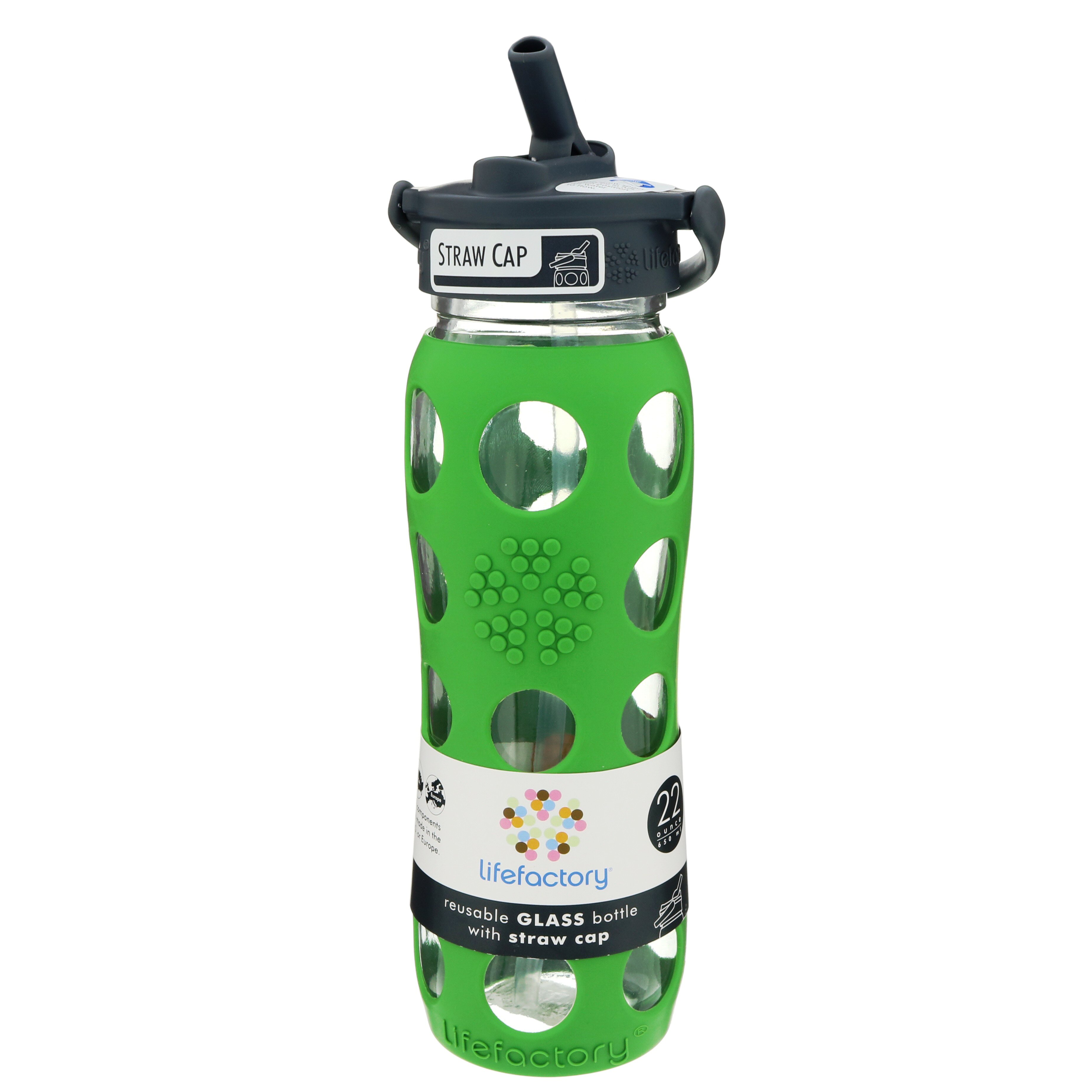 Lifefactory Glass Bottle with Straw Cap and Silicone Sleeve, Green