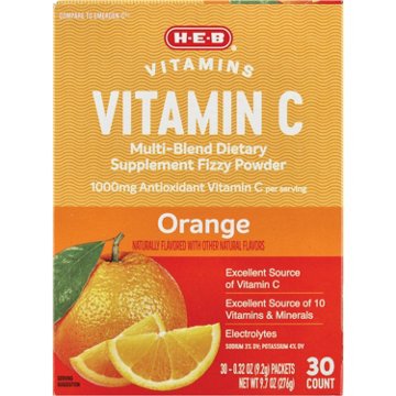 H-E-B Vitamins C 1,000 mg Fizzy Powder Drink Mix - Orange, 30 ct