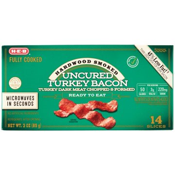 H-E-B Fully Cooked Hardwood Smoked Uncured Turkey Bacon Slices, 3 oz