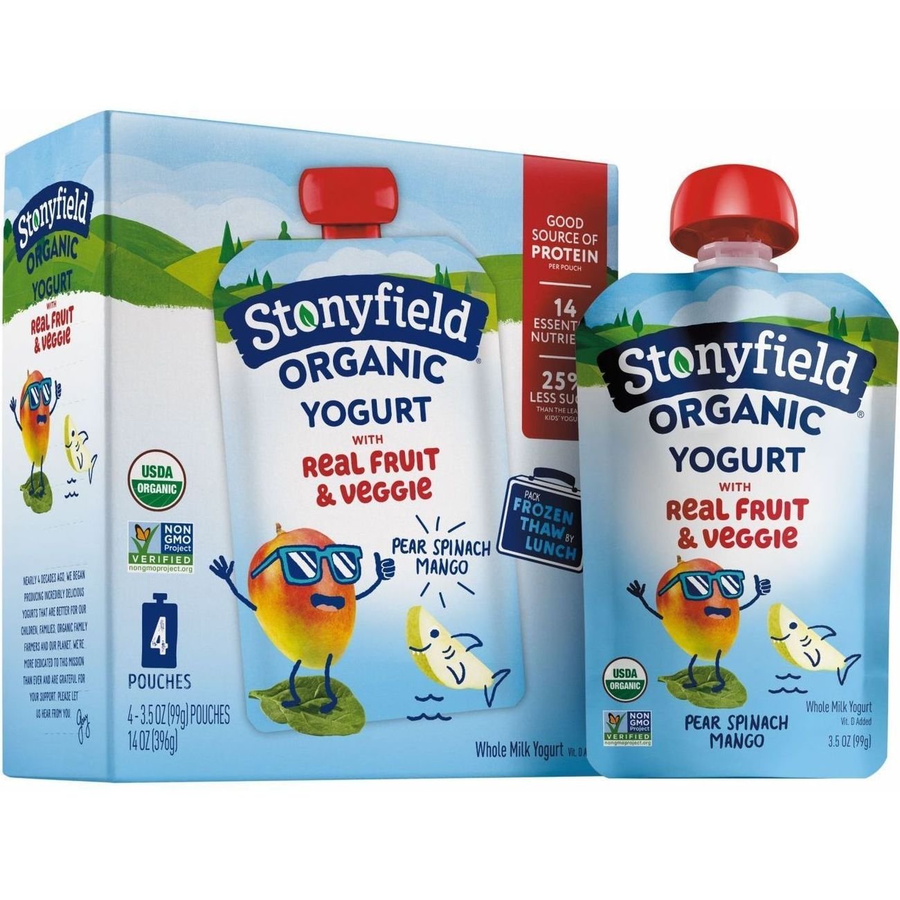 Stonyfield Organic Whole Milk Yogurt 4 pk Pouches - Pear Spinach Mango, 3.5 oz