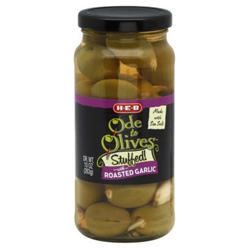 H-E-B Ode to Olives Stuffed Green Olives - Roasted Garlic, 10 oz