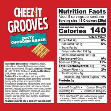 Cheez-It Grooves Zesty Cheddar Ranch Cheese Crackers, 9 oz