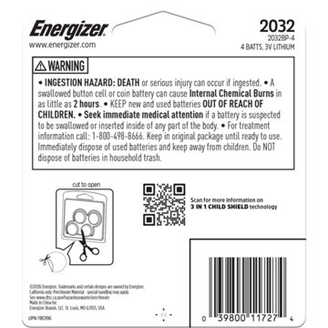 Energizer 2032 Lithium Coin Batteries, 4 pk