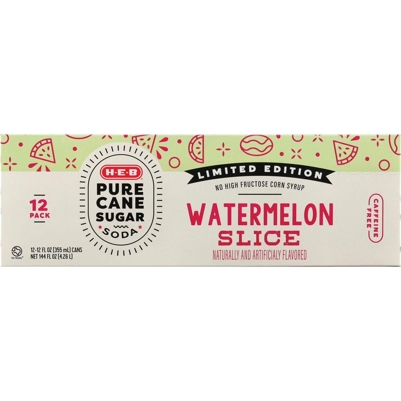 H-E-B Pure Cane Sugar Watermelon Slice Soda 12 pk Cans; image 1 of 2