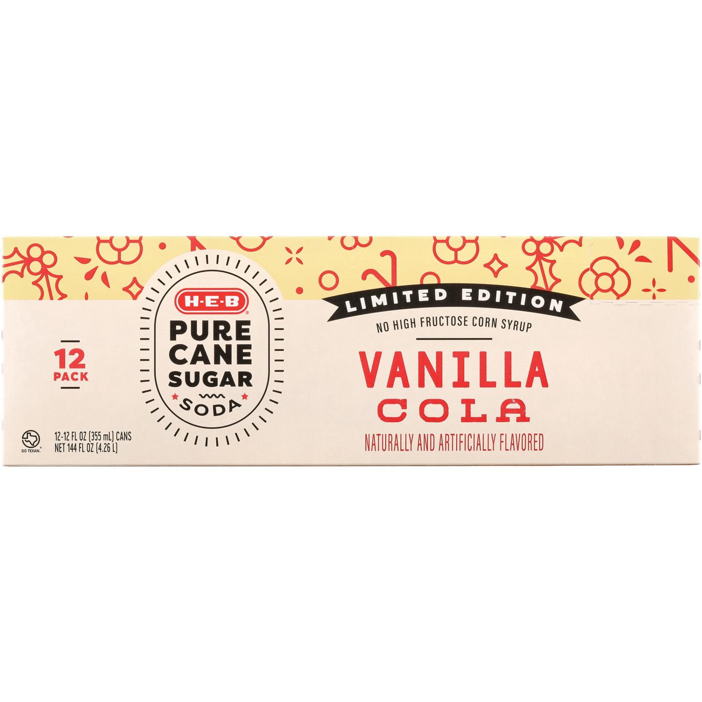 H-E-B Vanilla Cola 12 pk Cans - Pure Cane Sugar; image 1 of 2