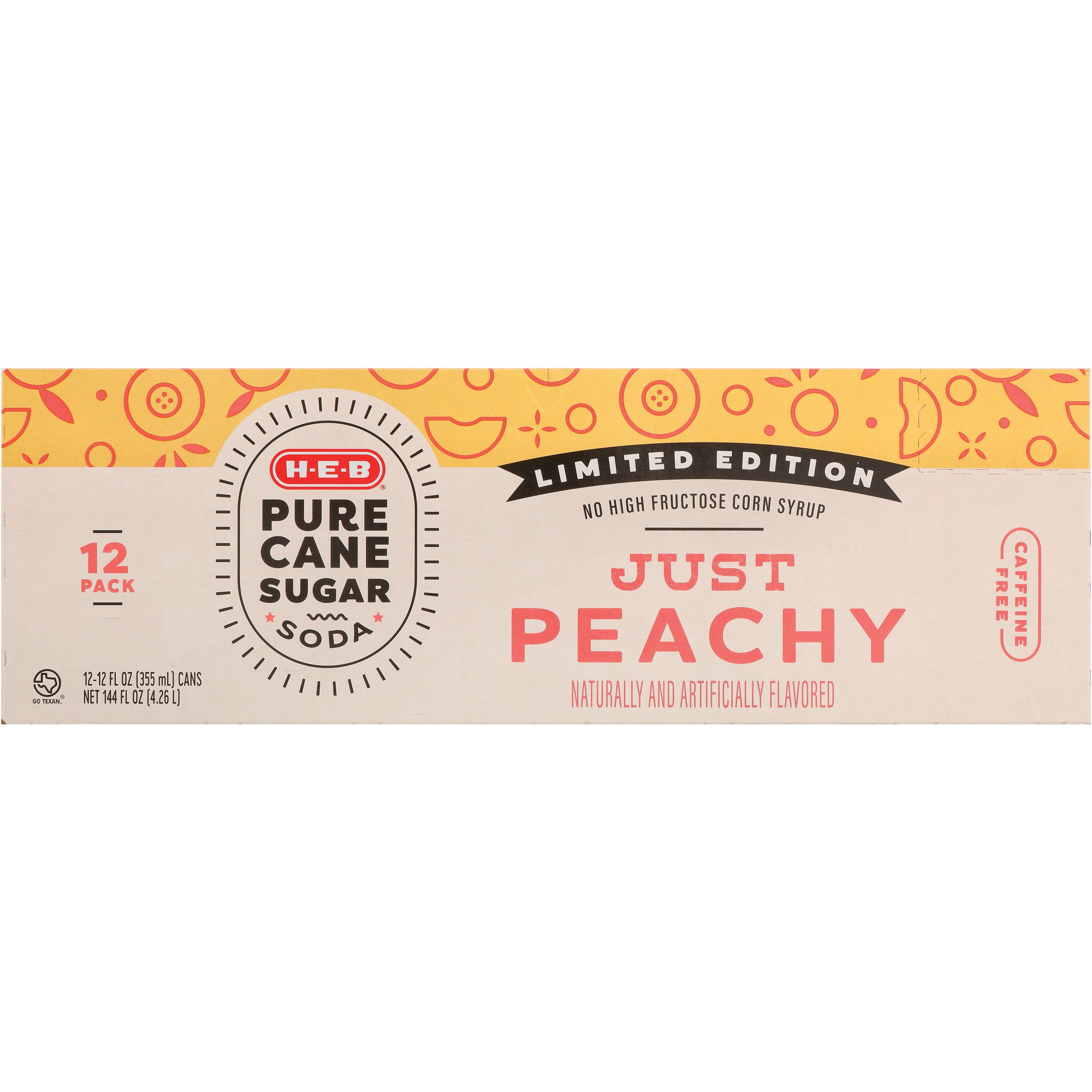 H-E-B Pure Cane Sugar Just Peachy Soda 12 pk Cans, 12 oz