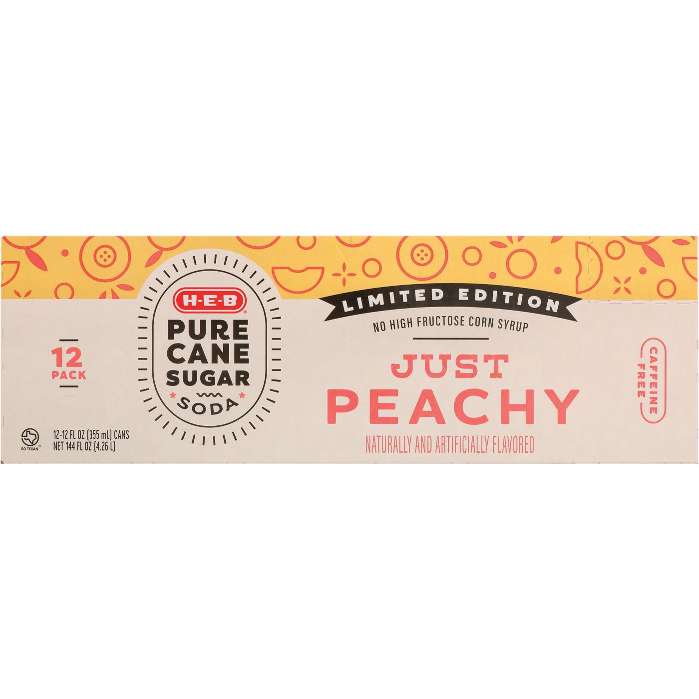 H-E-B Just Peachy Soda 12 pk Cans - Pure Cane Sugar; image 1 of 2