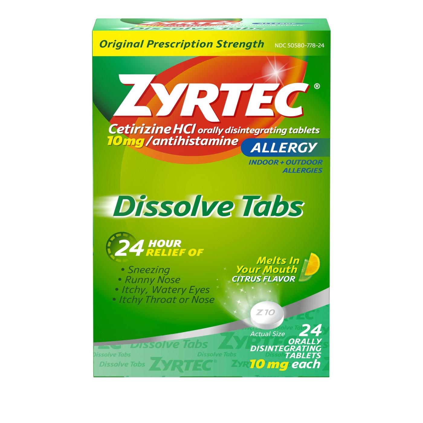 Zyrtec Allergy 24 Hour Relief Dissolve Tablets - 10 mg, Citrus; image 1 of 6