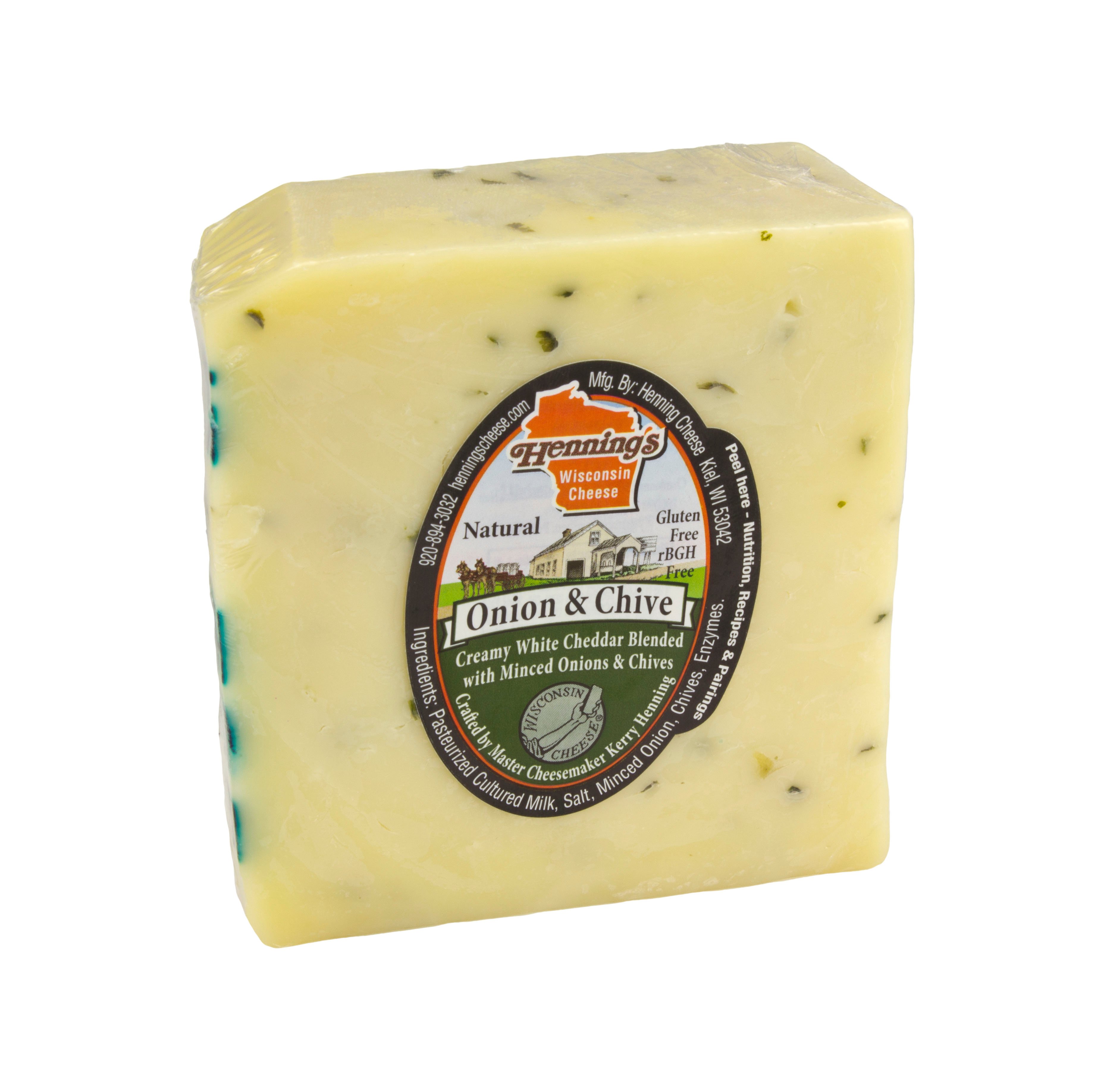 Henning's Onion and Chives Cheddar Cheese, sold by the Shop Cheese at