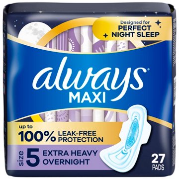 Always Maxi Pads Overnight Absorbency Unscented with Wings Size 5, 27 ct