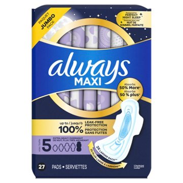 Always Maxi Pads Overnight Absorbency Unscented with Wings Size 5, 27 ct