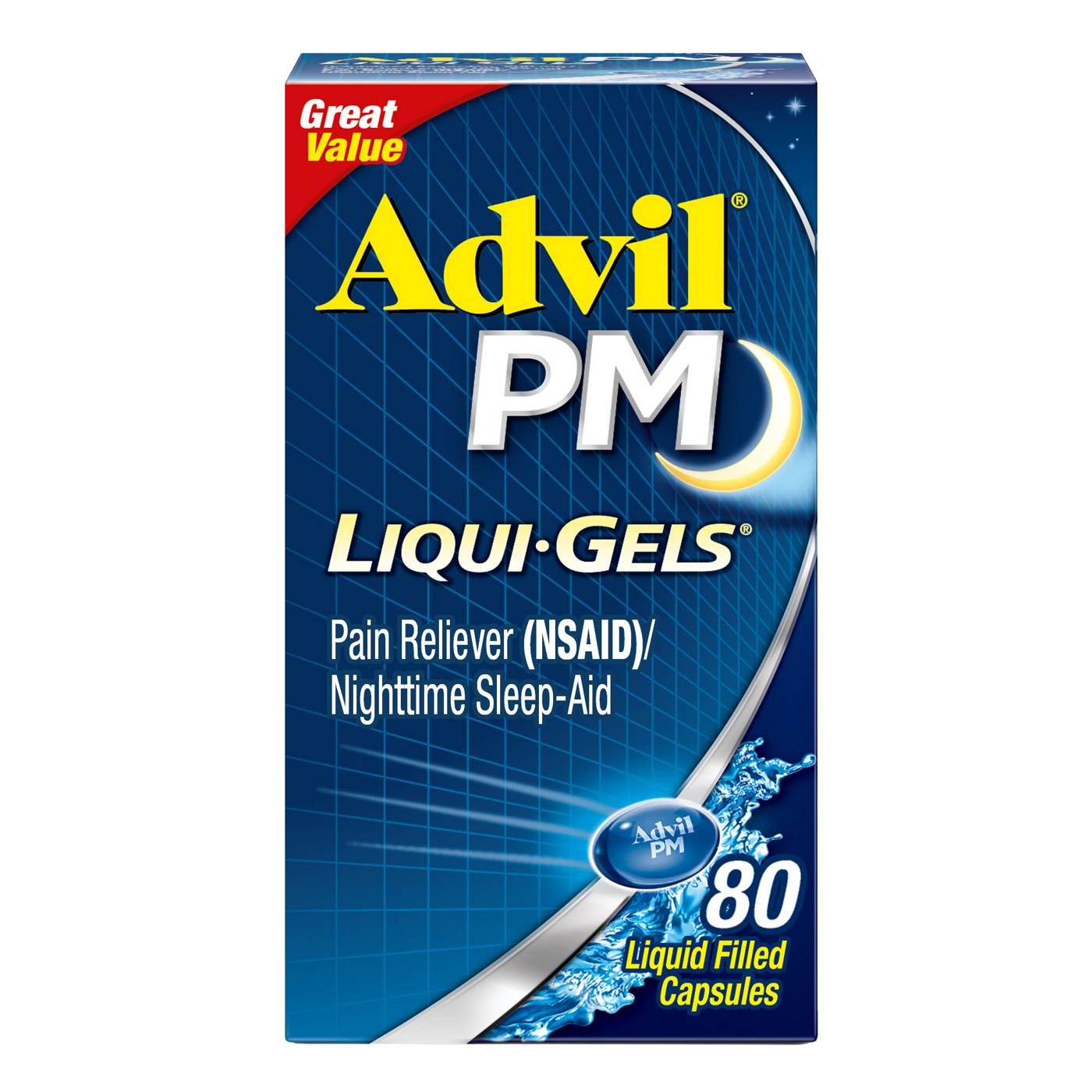 Advil PM Liqui-Gels Pain Reliever and Nighttime Sleep Aid, Ibuprofen for Pain Relief and Diphenhydramine HCL for a Sleep Aid; image 1 of 2
