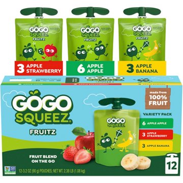 GoGo squeeZ No Sugar Added Apple Banana Strawberry Applesauce Variety Pouches, 12 ct