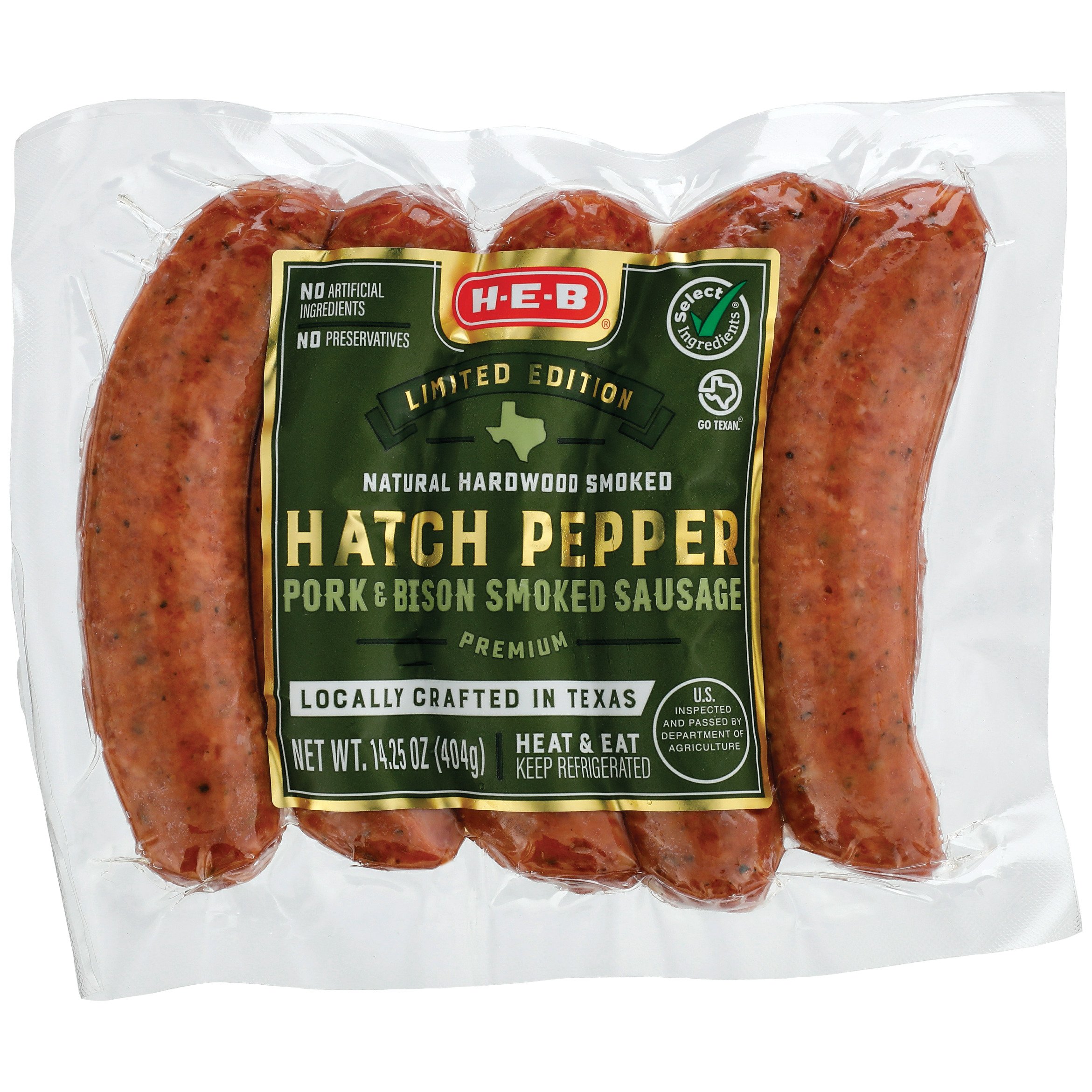 H E B Pork And Bison Hatch Chile Smoked Sausage Shop Sausage At H E B