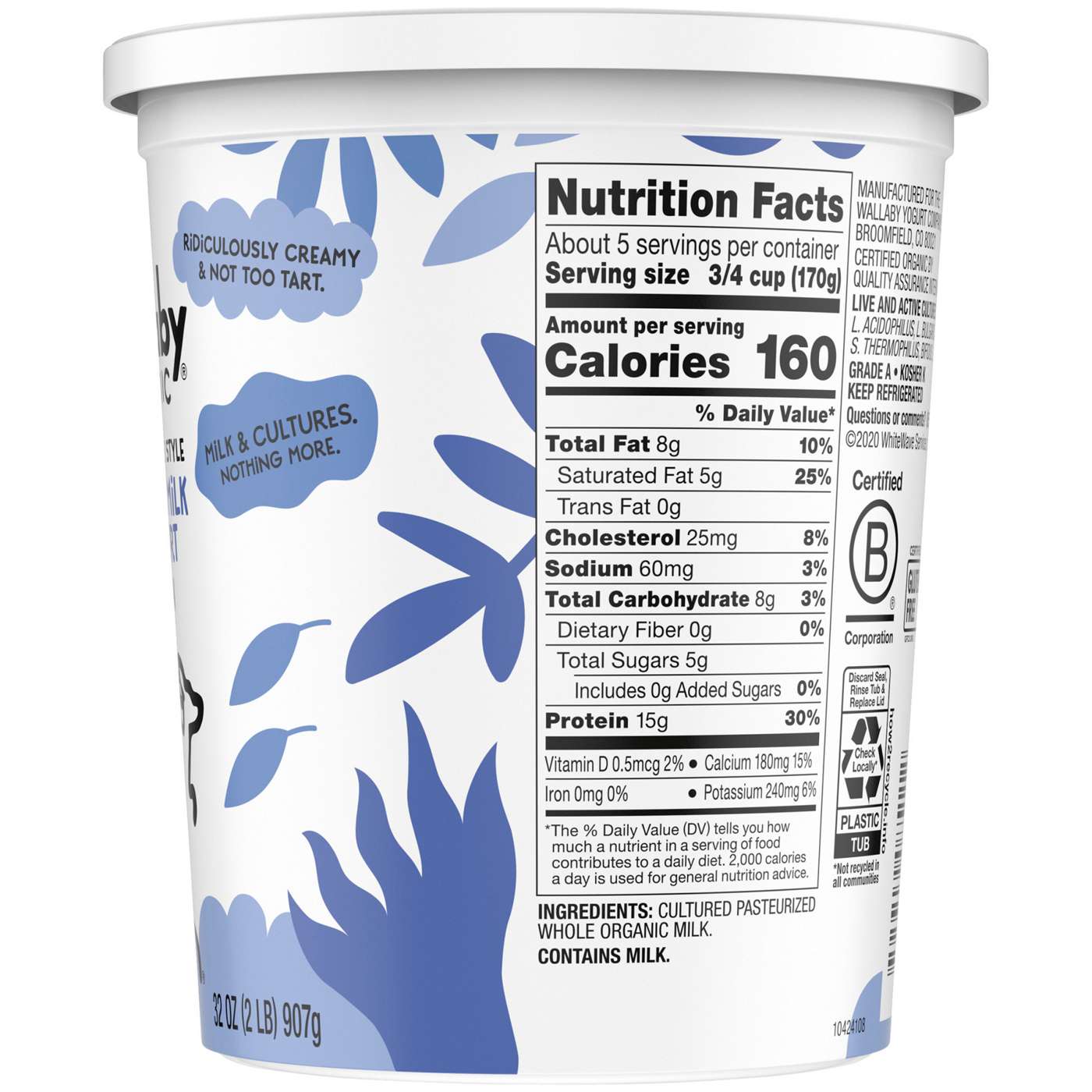 Wallaby Organic Whole Milk Greek Yogurt - Plain; image 2 of 6