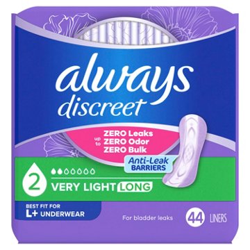 Always Discreet Postpartum & Incontinence Liners - Long, Very Light, 44 ct