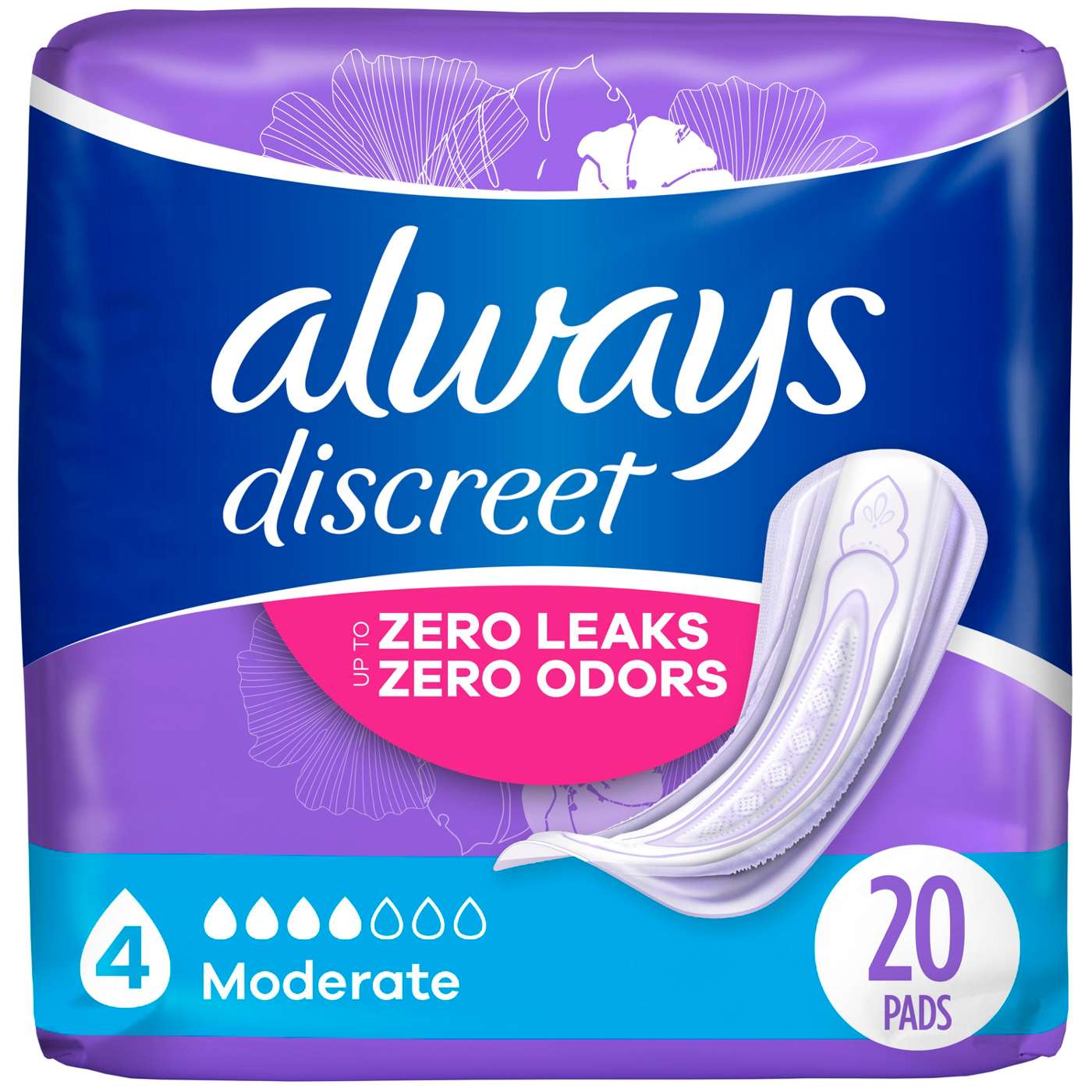 Always Discreet Adult Incontinence Pads for Women, Moderate Absorbency, Regular Length, Postpartum Pads; image 1 of 10