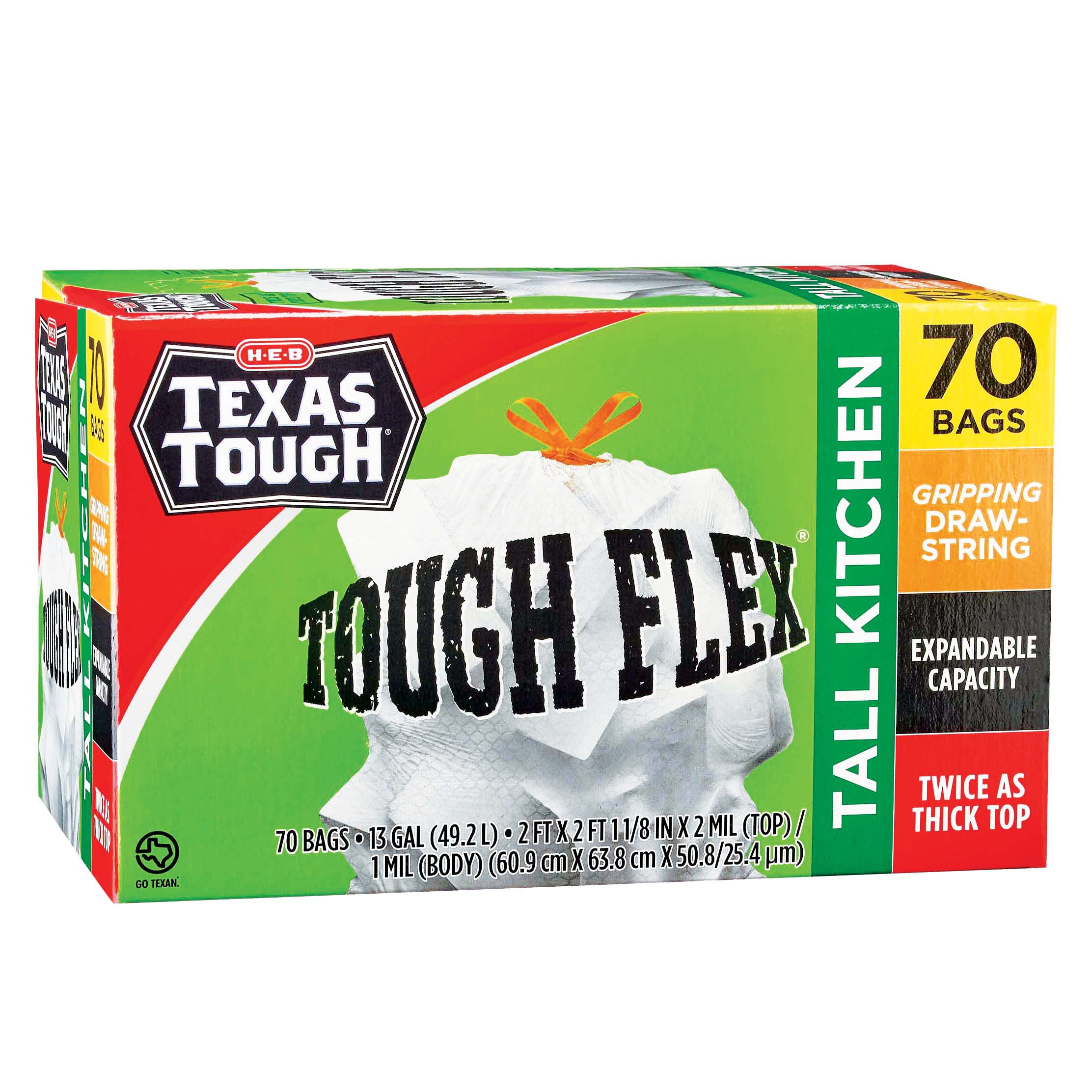 H E B Texas Tough Tough Flex Drawstring Tall Kitchen 13 Gallon Trash Bags Shop Trash Bags At H E B 