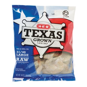 H-E-B Texas Grown Shell-On Tail-On Large Raw Frozen Shrimp, 31 - 40 ct/lb, 1 lb