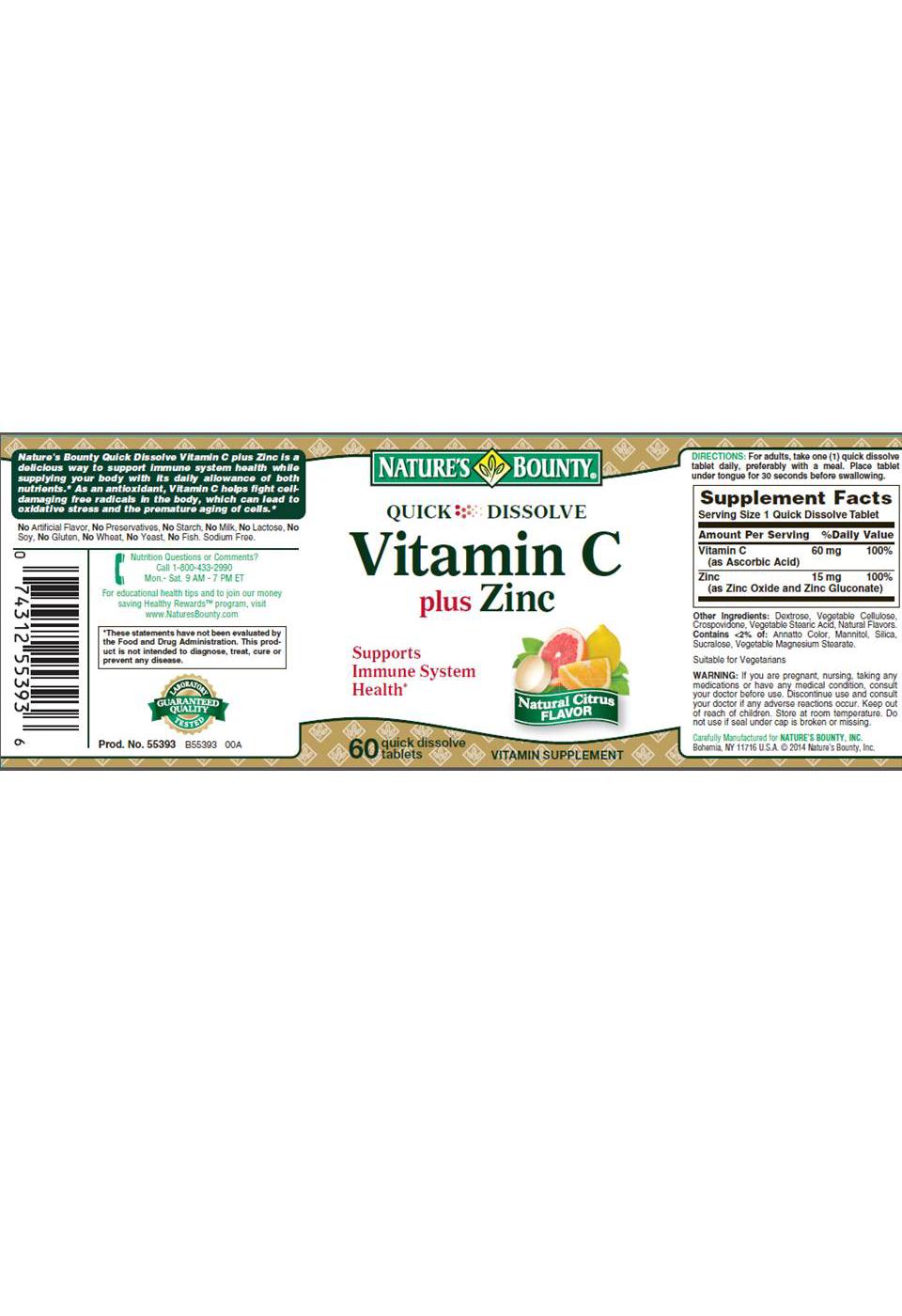 Nature's Bounty Quick Dissolve Vitamin C plus Zinc Shop Vitamins AZ