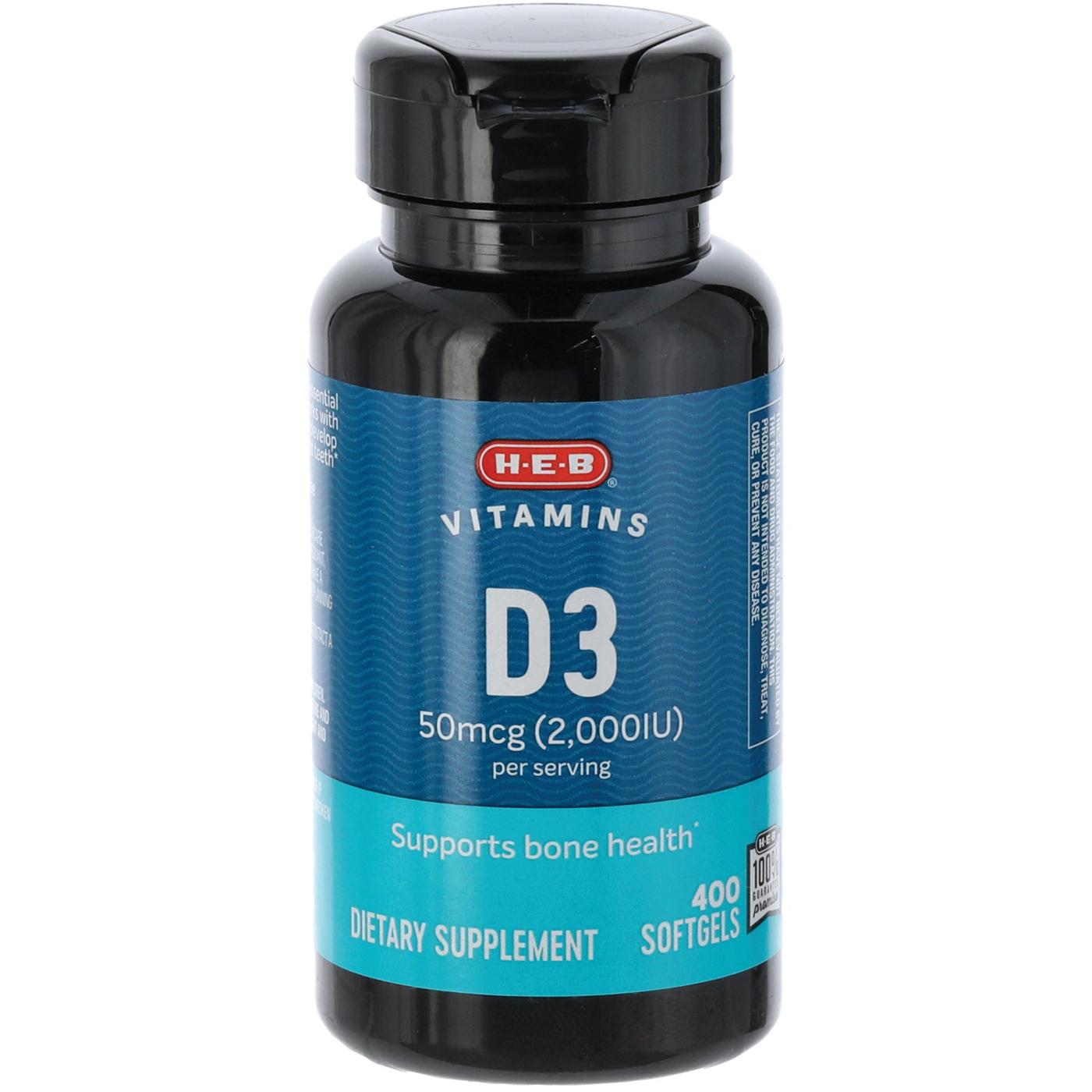 H-E-B Vitamins D3 50 mcg (2,000 IU) Softgels; image 1 of 2